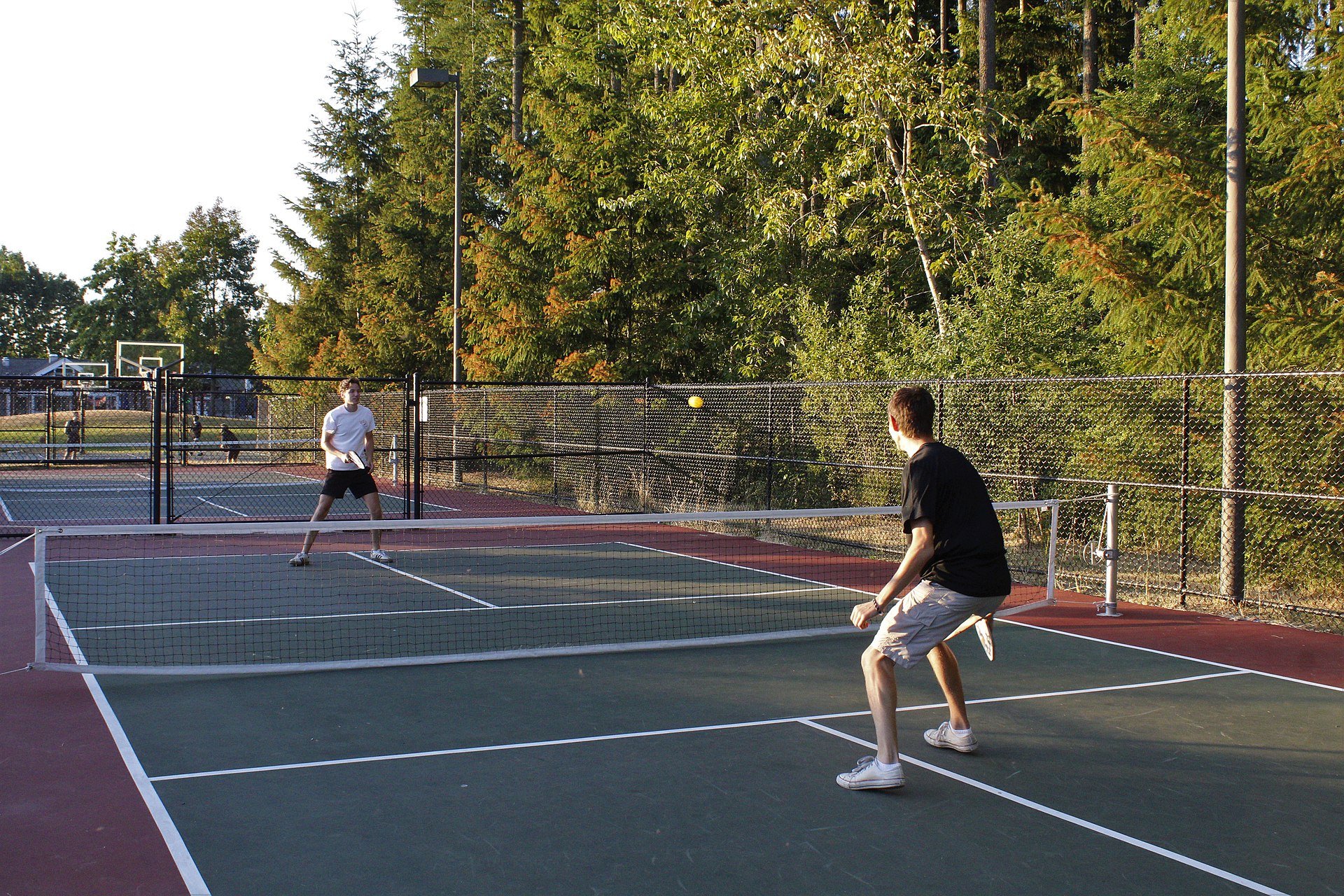 Two adults playing pickleball on a court